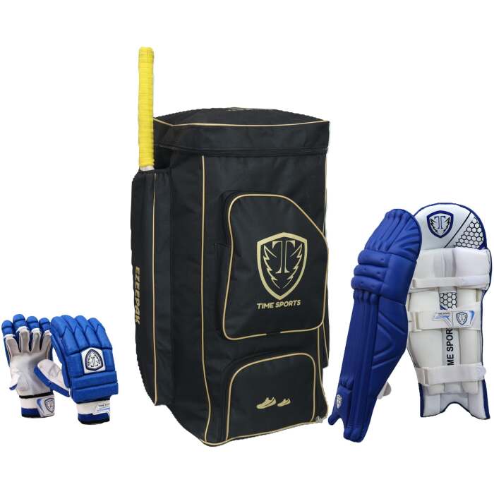 EzeePak Duffle Kit Bag, Professional Batting Pads (Blue), Thigh Pad, Professional Cut Finger Batting Gloves (Blue) Kit